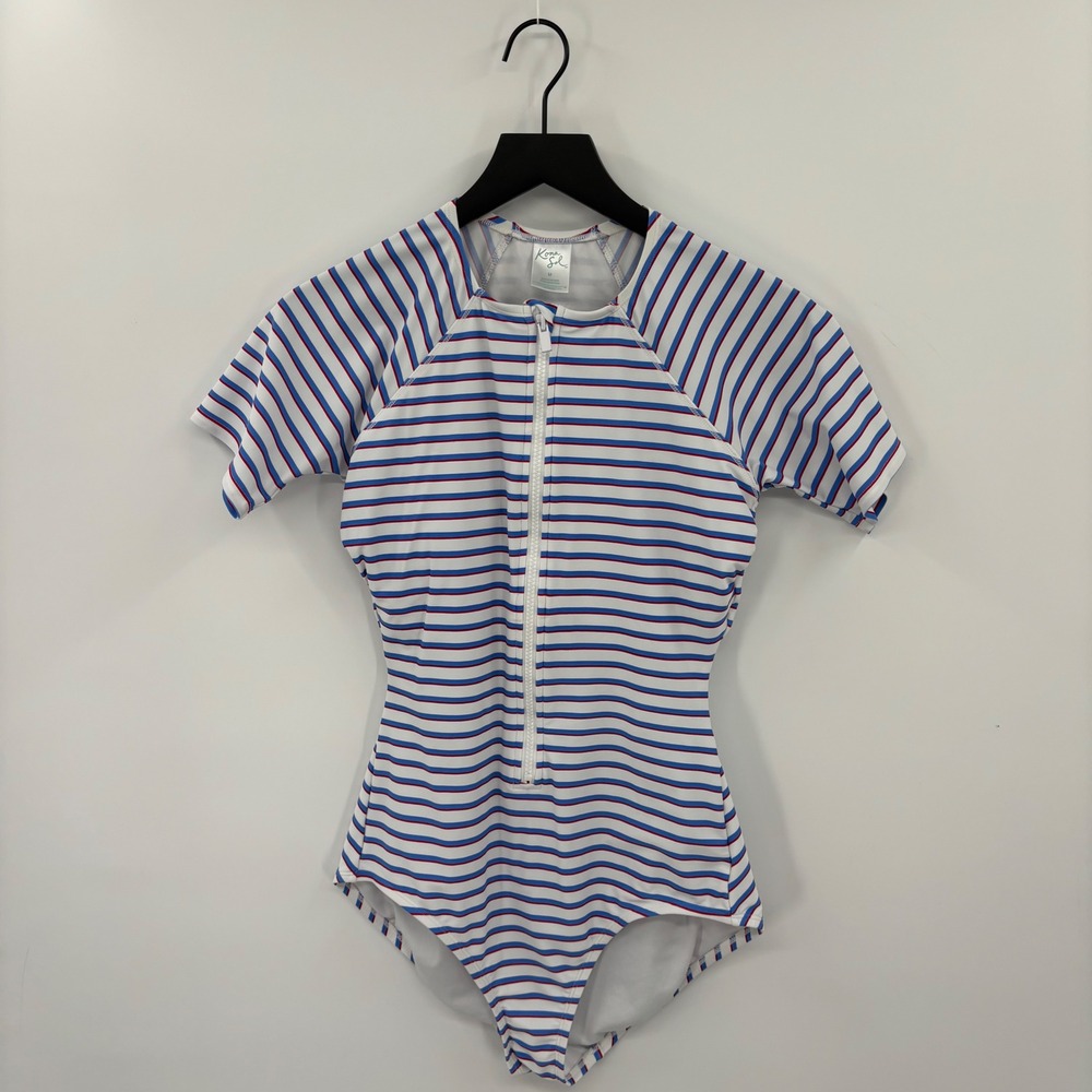 Kona Sol Rash Guard Oneโ Piece Women M White Red Blue Striped Short Sleeve Zip